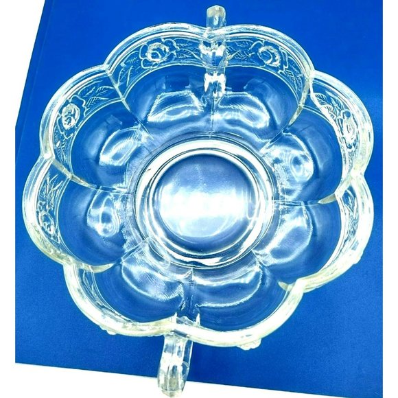 Pressed Glass Dish Bowl Embossed Roses Ornate Handles Vintage Pedestal Bottom - Picture 2 of 15